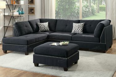 3 pieces sectional sofa reversible black linen fabric 104x75 with ottoman included