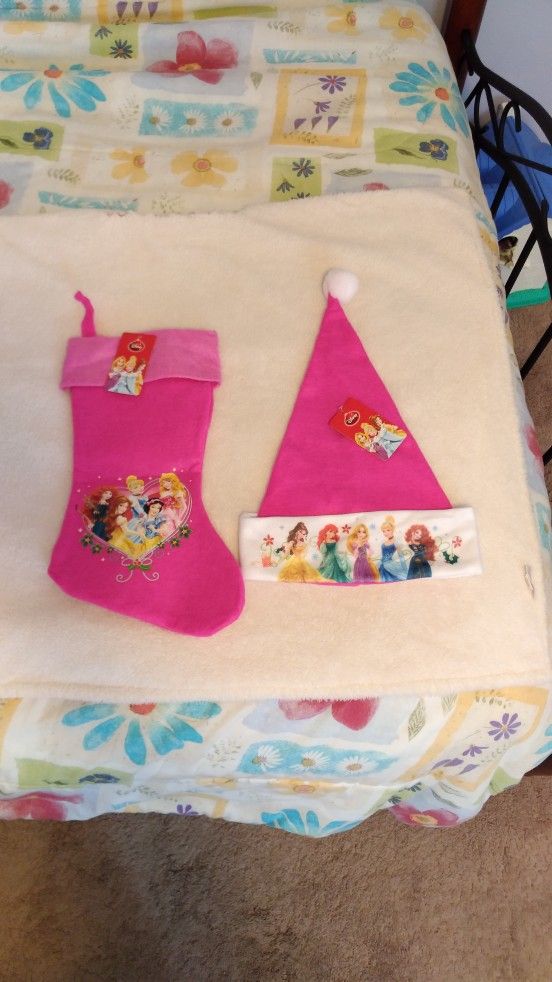 NEW Disney Princess Christmas Stocking And Santa Hat Cinderella Rapunzel Merida Ariel