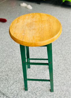 Green metal stool wood seat