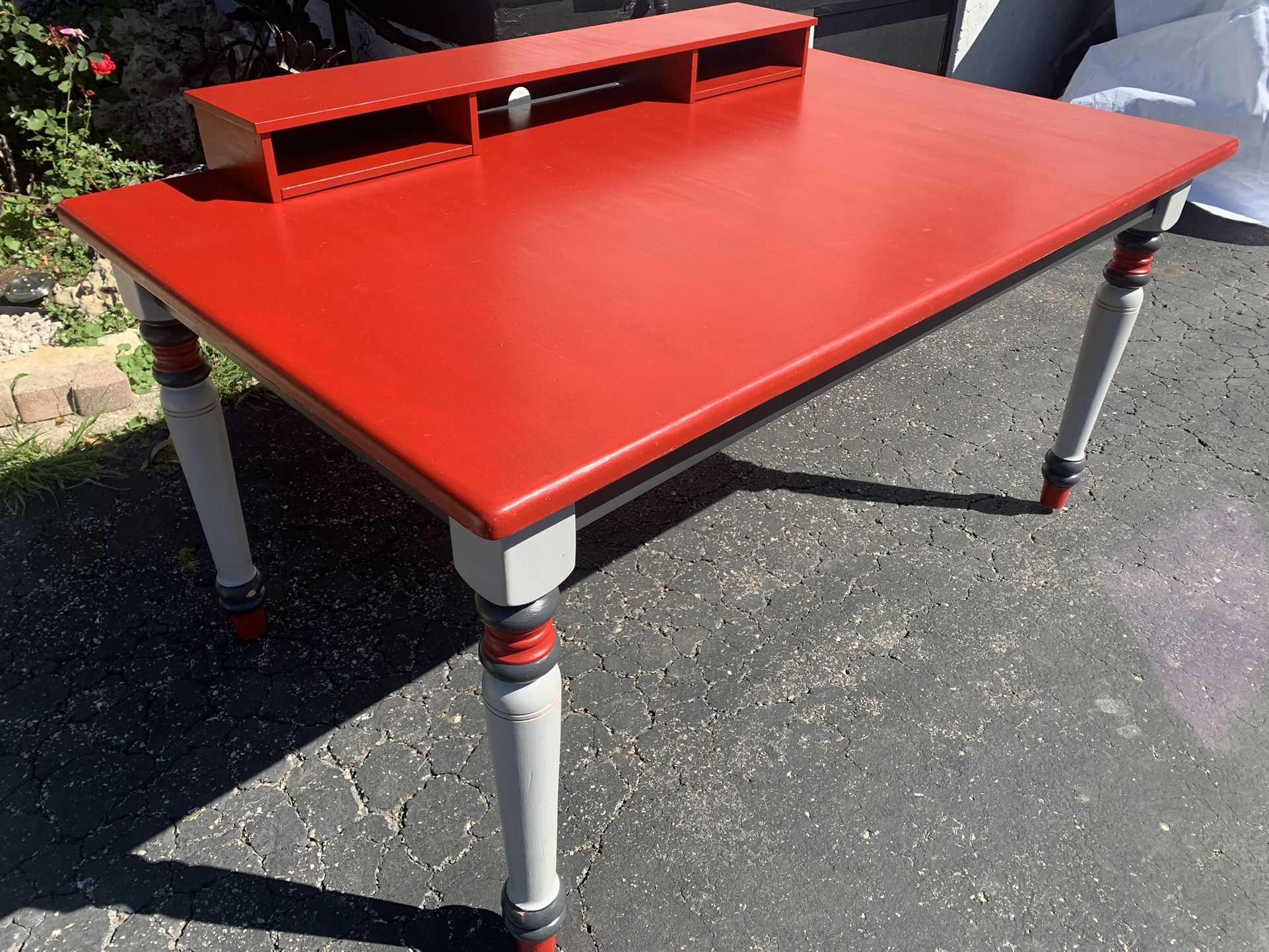 Kitchen table - writing desk with hutch Solid wood / Red top accent legs grey black and red  60 1/4 W x 36 D x 29 1/4 H Hutch: 44 W x 8 D x 4 H