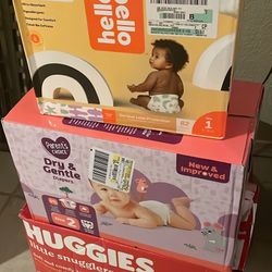 Size One 1 and Two 2 Baby Diapers hello bello, parents choice, Coterie, up&up, huggies, Kirkland etc