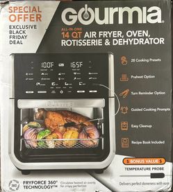 Gourmia All-in-One 14-Quart Air Fryer, Oven, Rotisserie, Dehydrator with Temperature Probe, New