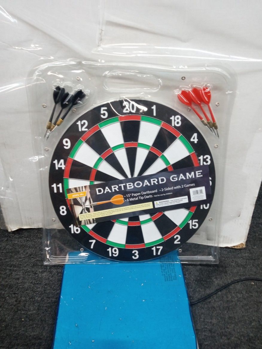 Dart board game two-sided with two games six metal tip darts 15 inch dart board