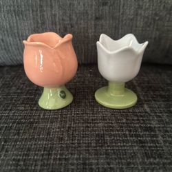 New 2 Ceramic Flower Egg Holders Decoration