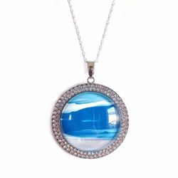 Sterling silver necklace with blue acrylic paint pour crystal pendant NEW
