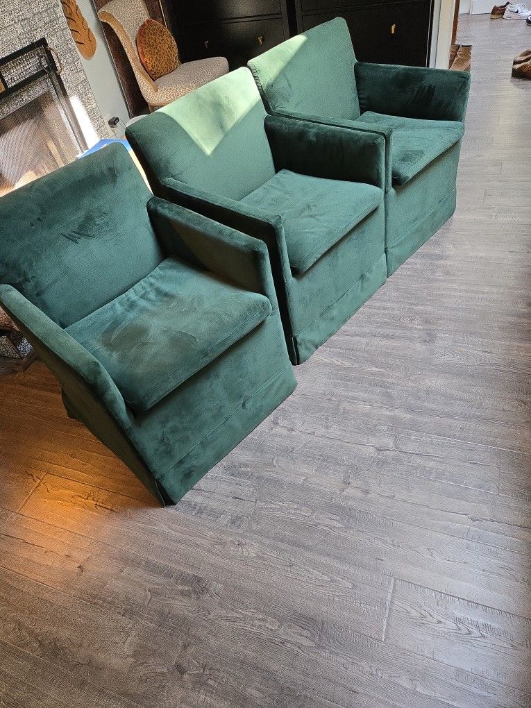 Three Emerald Green Velvet Swivel Dining Chairs