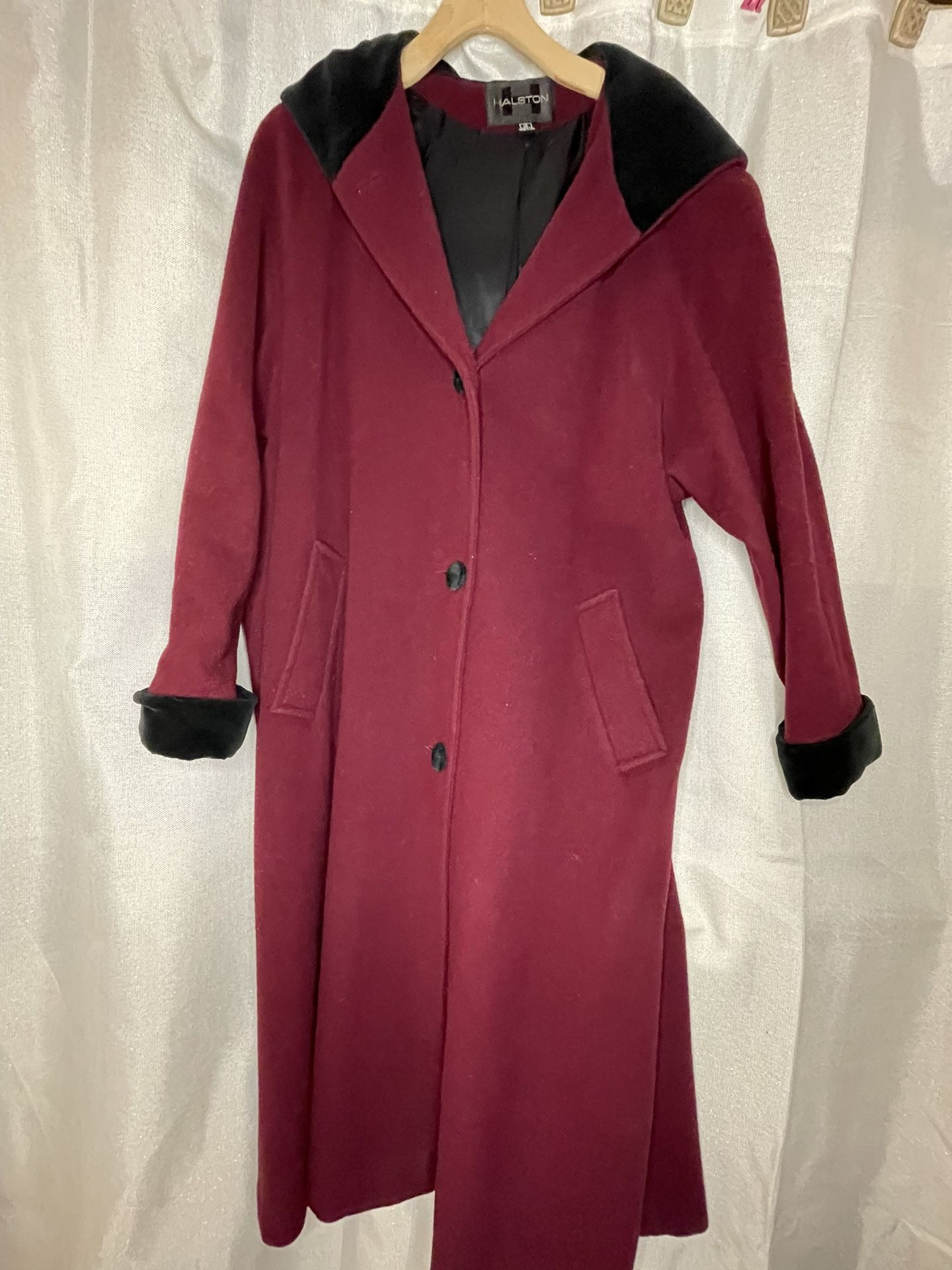 Vintage Halston Maroon wool velvet trim maxi Size