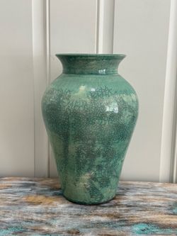 Early 20th Century Japanese Awaji  13”H Green Crackle Glaze Pottery Vase