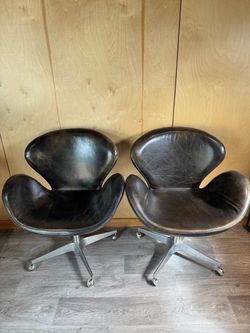 Pair of Vintage-Style Genuine Leather Swan / Mid-Century Swivel Office Chairs