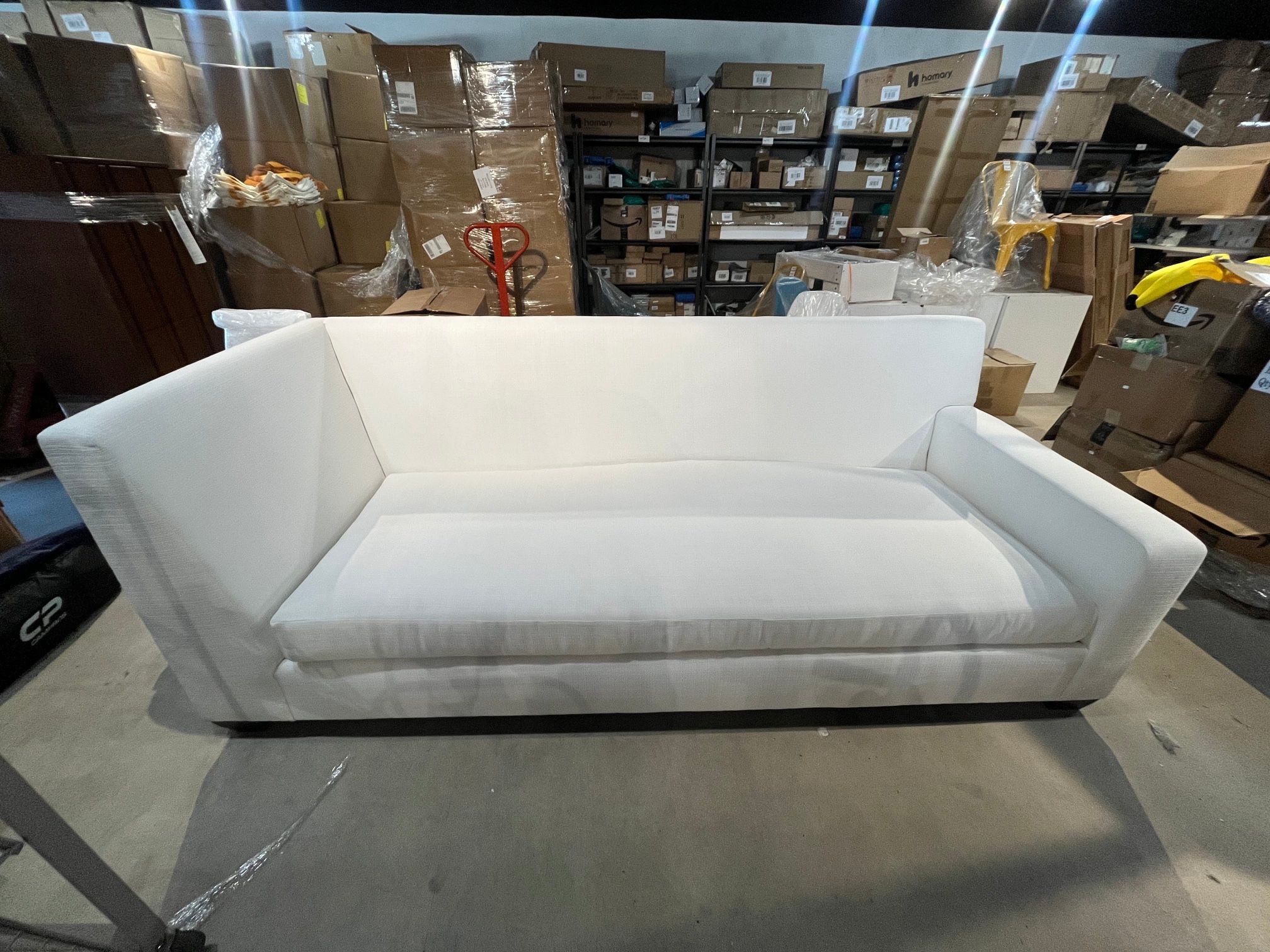 Reduced - missing cushions - White Linen Modena Sofa – Right Arm Bench Seat, Track Arm – Contemporary Sectional Couch Lounger
