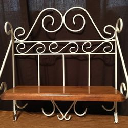 Vintage Farmhouse Cottage White Scroll Metal Wood Wall Shelf 14.25 In X 15.25 In By 5.25 In