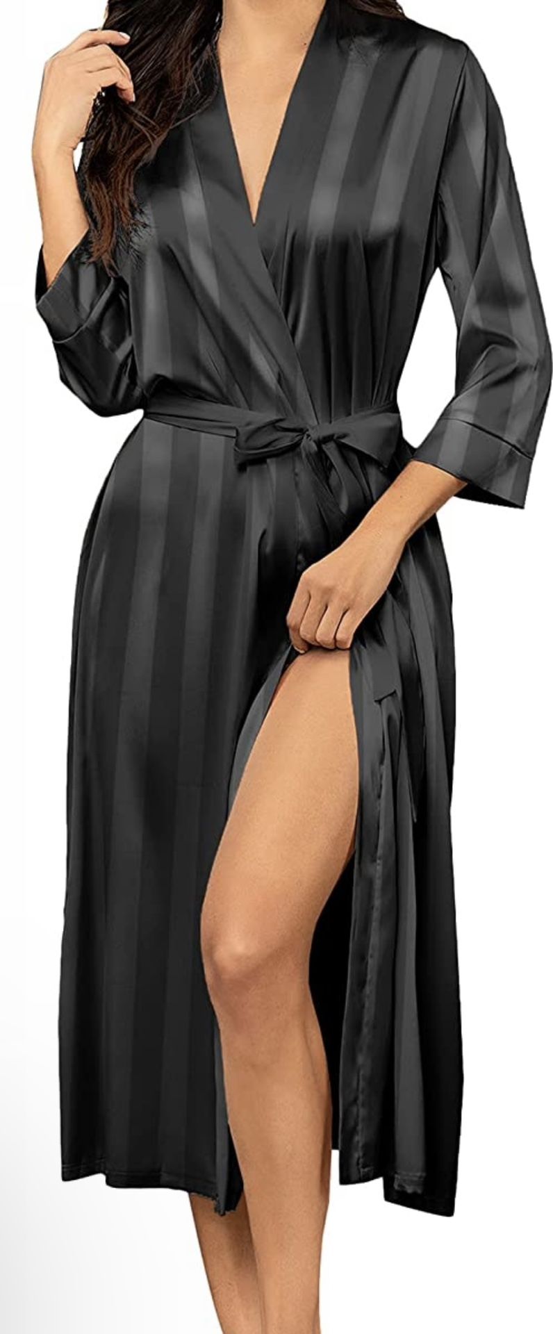 Hotouch Silky Satin Black Damask Stripes Kimono Robe. Size Medium