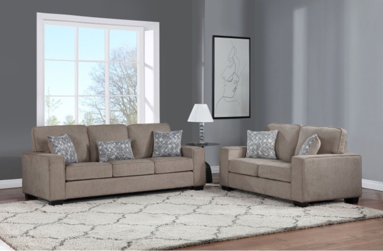 2PC Fabric Comfort Cushioned Square Arm Sofa Set
