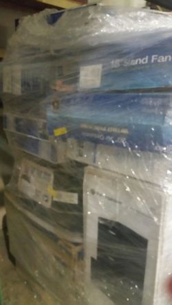 General merchandise pallet with 15 ft above ground pool, fans,big wheels,file cabinet, and lots more