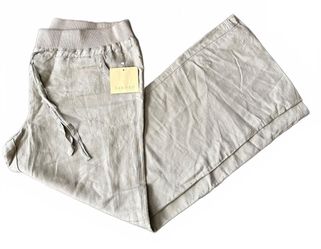 Sandro Designer Women's LInen Pants Size 14 Cobblestone Beige Wide-Leg City Chic