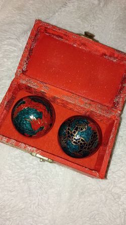 Chinese Baoding Stress Balls with Decorative Dragon & Phoenix Case