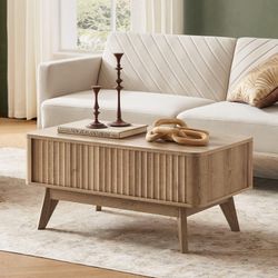 mopio Brooklyn Lift Top Coffee Table for Living Room, Mid Century, Modern Farmhouse with Lifting Tabletop & Hidden Storage, Fluted Panel, Rising Pull 