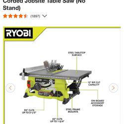 RYOBI 13 Amp 8-1/4 in. Compact Portable Corded Jobsite Table Saw (No Stand)