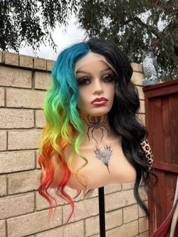 NEW CUSTOM HUMAN HAIR RAINBOW AND BLACK TWO TONED LACE FRONT WIG