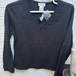 Talbots NWT Black Silk Cashmere Beaded Vneck Sweater Size L