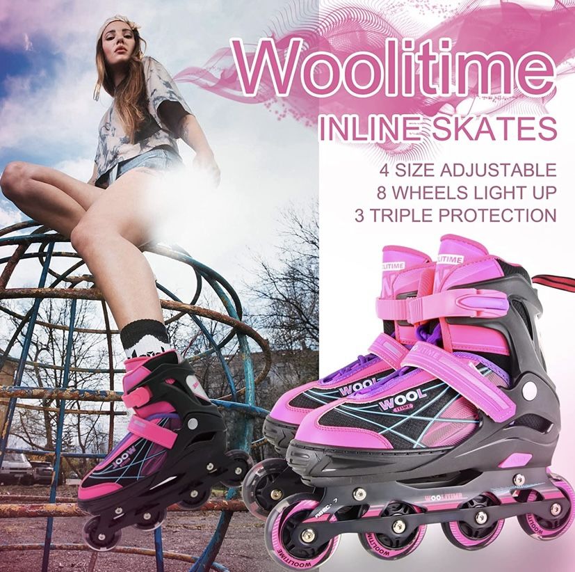 Woolitime Sports Adjustable Roller Blades for Girls Boys Kids with Featuring All Illuminating Wheels, Safe Durable Inline Skates, Patines para Mujer,