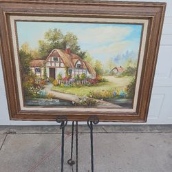 Vin5age Framed European Farm House Pond Ducks Oil On Canvas Painting Signed Betty Wilson