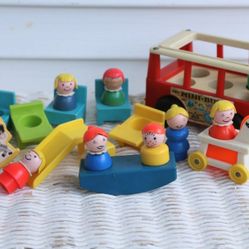 Vintage Fisher Price Little People (Circa 60's/70's) Mini Bus School and Playground Set - People, Furniture, Bus, School Desks, Slide, Teeter Totter