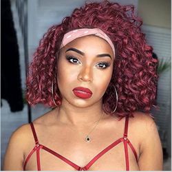 Headband Wigs for Black Women Headband Wigs Human Hair None Lace Front Wigs Human Hair Machine Made Glueless Headband Wig 10A 180% Density 10 Inch Bur