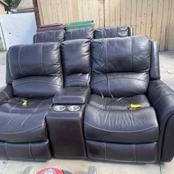 Brown leather reclining couches with usb ports