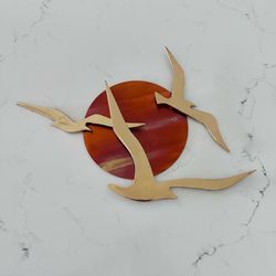 Vintage MCM brass seagulls flying over a copper metal sun wall hanging  15” long overall and 10” tall