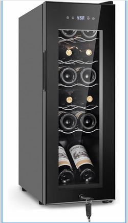 12 Bottles Wine Fridge, Wine Cellar with Powerful Compressor, LED Touchscreen, Low-E Tempered Glass Door, Lock, Wine Cooler Refrigerator for Red, Whit