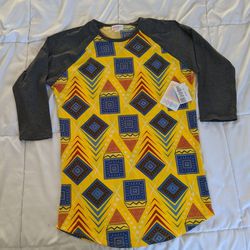 NEW Women's Lularoe Randy T Shirt Top 3/4 Sleeve Yellow Gray Size XS