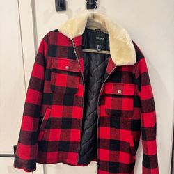 Men’s Forever 21 Red Buffalo Plaid Sherpa Collar Jacket Size Small