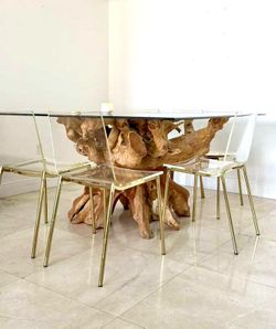 Live Edge Teak Tree Root dining Table with thick Glass Top