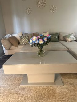 Modern Living Room Set: Modular Sectional, Coffee Table, Rug & Curtains