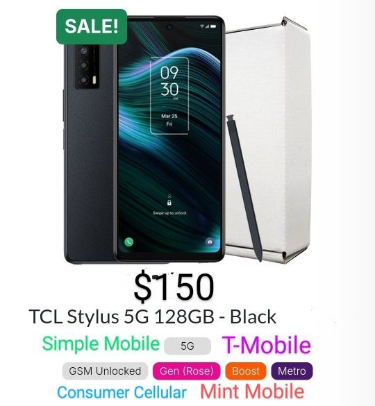TCL Stylus 5G 128GB GSM Unlocked T-Mobile/AT&T/Metro PCS/Cricket/Mint Mobile/Boost Mobile/Consumer Cellular/Simple Mobile