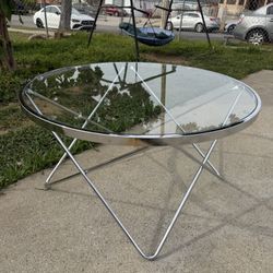 33.5’’ Round Glass Coffee Table with Chrome-Plating Bright Metal Oval Frame