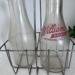 Vintage Williams Dairy Richmond Indiana Glass Milk Bottles w/ Wire Carrier Set of 2