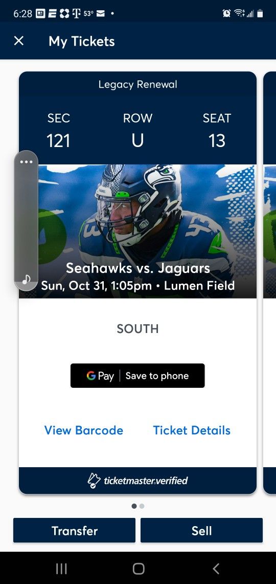 2- Seahawks vs Jaguars  Lower Level Seats