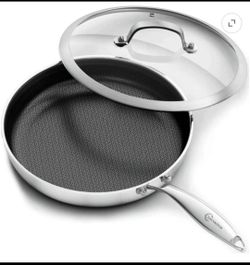 LOLYKITCH Tri-Ply Hybrid Non-Stick Frying Pan with Lid,12 inch Skillet,Induction Cooking Pan,Dishwas