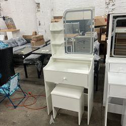 Brand new Small Makeup Vanity Desk with Mirror and Lights, Vanity Table Set with Storage Drawer & Chair & 3 Shelves, Bedroom, White