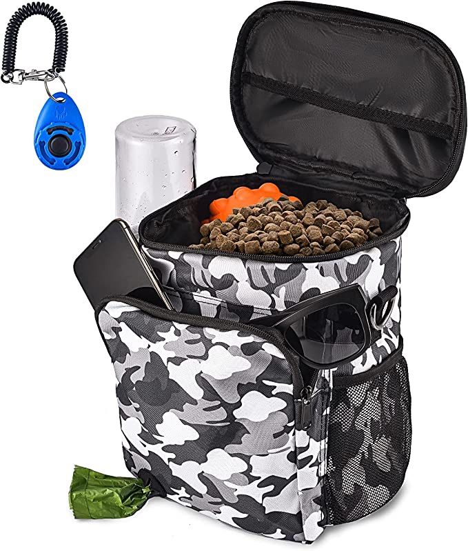 LUKITO Dog Treat Pouch with Large Capacity, Multi-Pocket Pet Training Bag with XL Shoulder Strap, Belt and Belt Clip, Poop Bag Dispenser, Dog Clicker 
