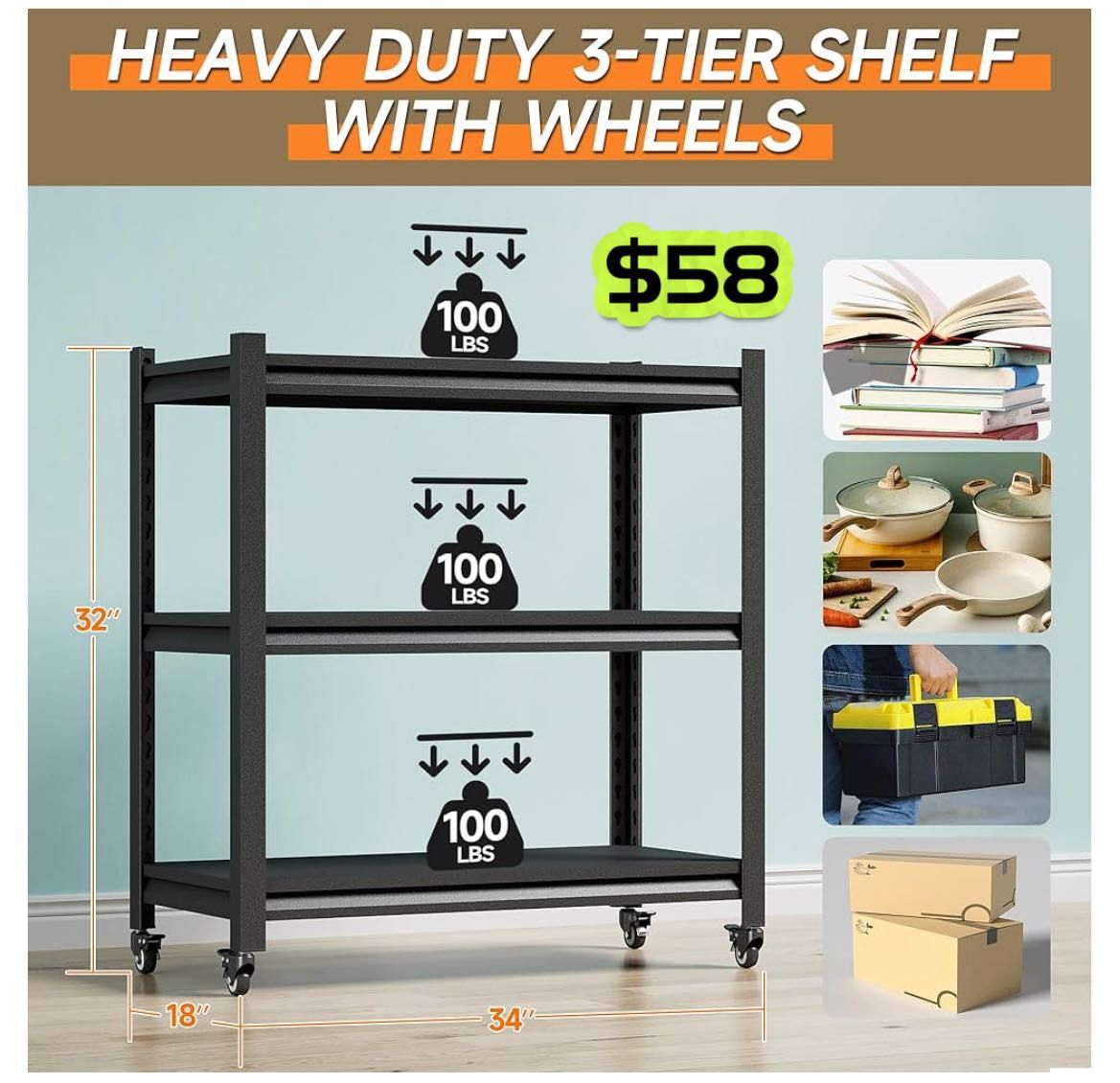✌️ Storage Shelves, Bakers Rack with Wheels, 3-Tier Metal Shelving Unit with Wheels for Kitchen Garage Office, Kitchen Stand with Adjustable Rack 