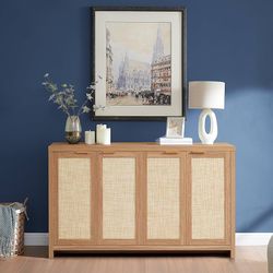 Hampstead Rattan 4-Door Storage Sideboard Cabinets with Adjustable Shelves, Boho Accent Buffet Cupboard Console for Kitchen, Living Room, and Hallway