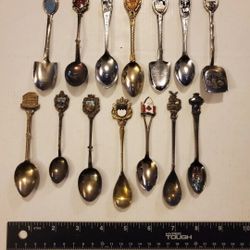 Big huge lot bundle of 14 various collectible silver vintage souvenir spoons