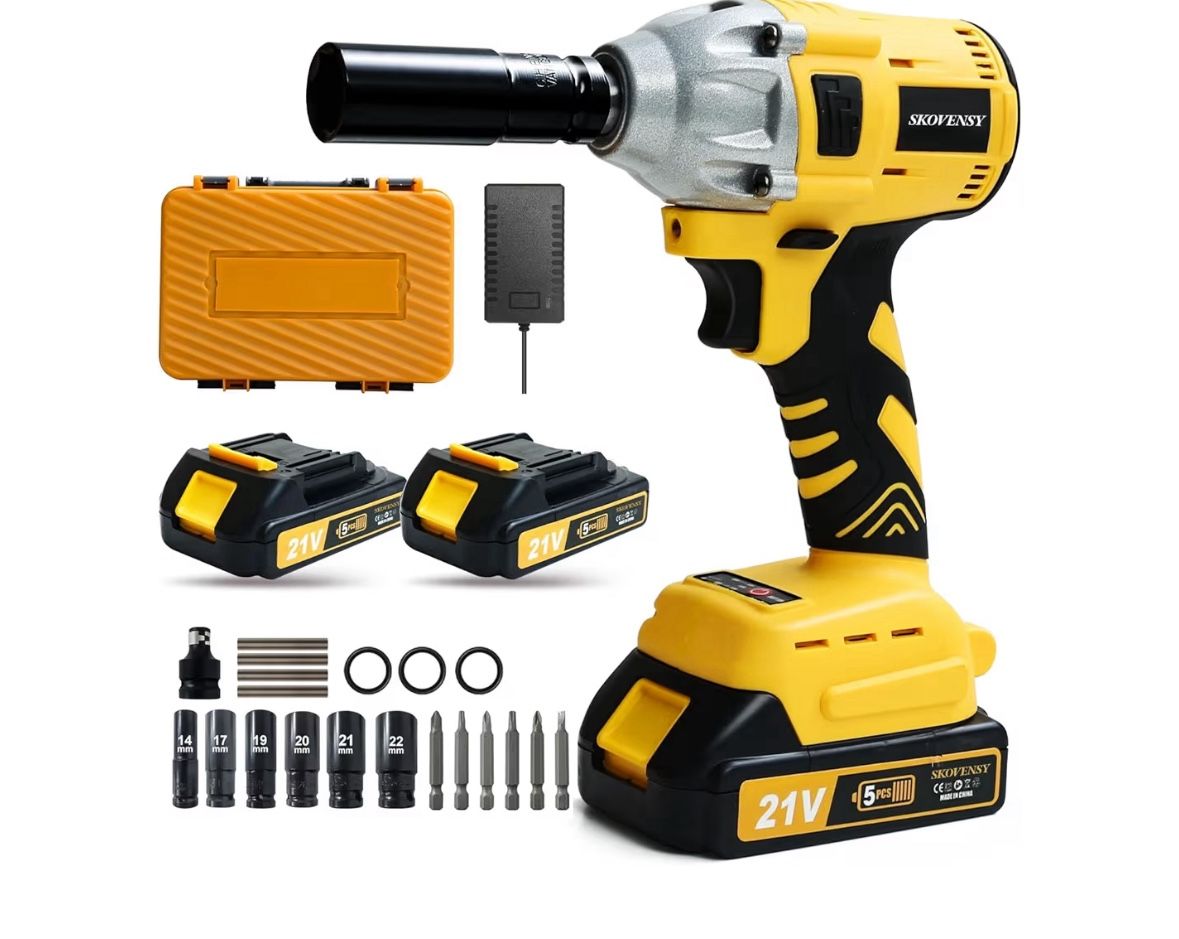 5-4Cordless Impact Wrench 258Ft-lb(350N.m1/2 Impact Gun, 2 Batteries, Pistola de Impacto, with 6 Sockets, Electric Impact Driver for Car Tires and Hom