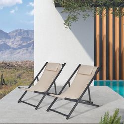 PURPLE LEAF Patio Sling Chairs Set of 2 Outdoor Portable Folding Adjustable Beach Chairs Polyester Fabric Aluminum Frame Reclining Chair with Cushione