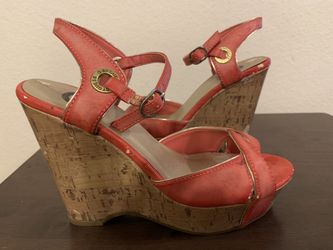 Guess wedges, cork like heel, cute coral color for summer! OBO!