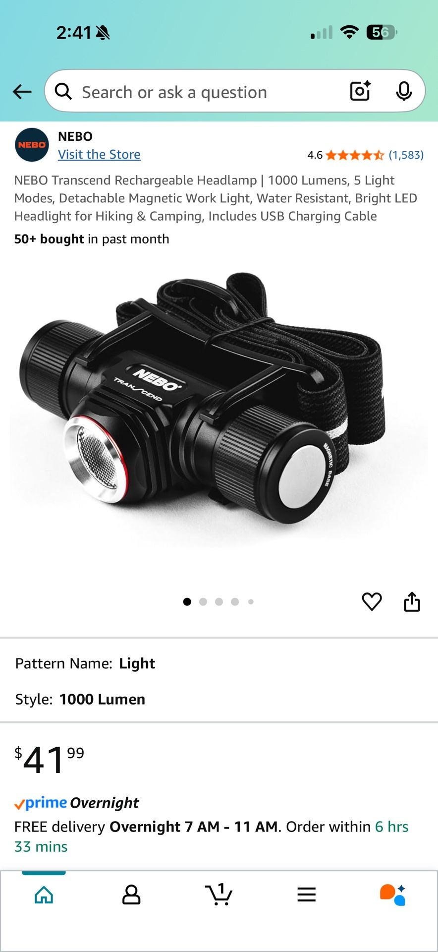 Brand New NEBO Transcend Rechargeable Headlamp | 1000 Lumens, 5 Light Modes, Detachable Magnetic Work Light, Water Resistant, Bright LED Headlight for