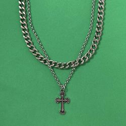 Double Layer Titanium Steel Cross Pendant Necklace for Men Women,Punk Hip Hop Necklace 